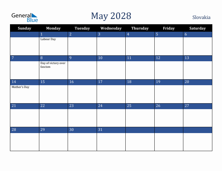 May 2028 Slovakia Calendar (Sunday Start)