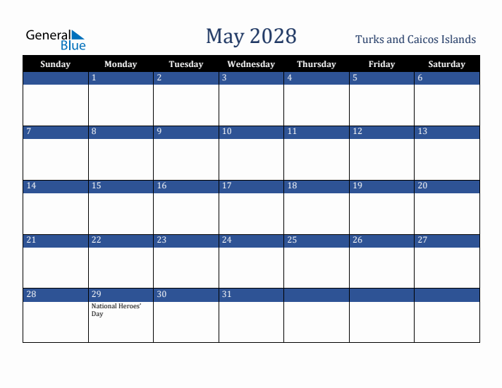 May 2028 Turks and Caicos Islands Calendar (Sunday Start)