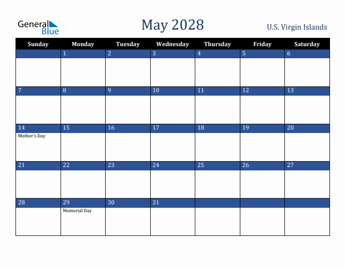 May 2028 U.S. Virgin Islands Calendar (Sunday Start)
