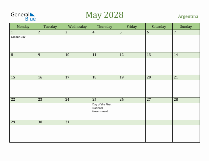 May 2028 Calendar with Argentina Holidays