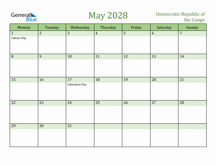 May 2028 Calendar with Democratic Republic of the Congo Holidays