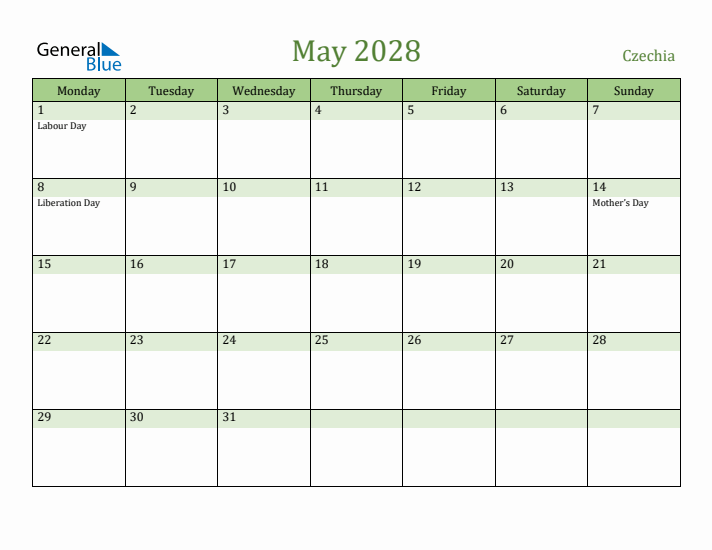 May 2028 Calendar with Czechia Holidays