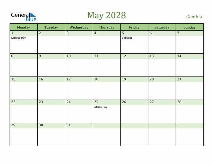 May 2028 Calendar with Gambia Holidays