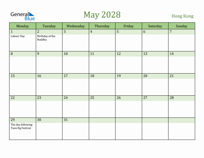 May 2028 Calendar with Hong Kong Holidays