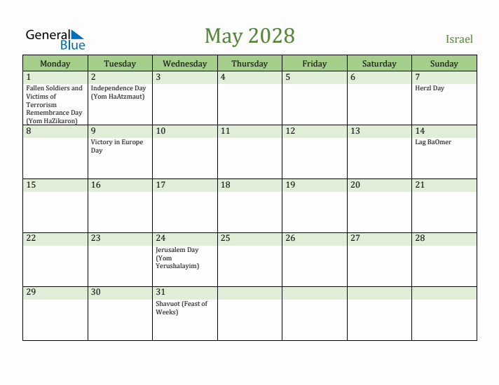 May 2028 Calendar with Israel Holidays