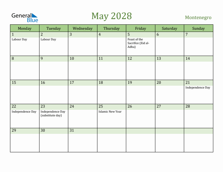 May 2028 Calendar with Montenegro Holidays