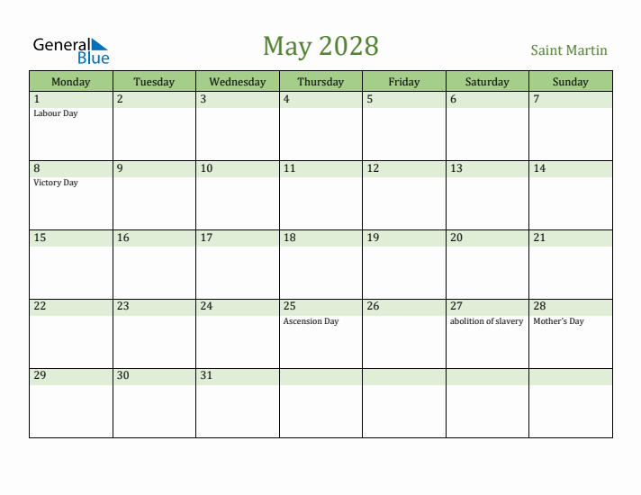 May 2028 Calendar with Saint Martin Holidays