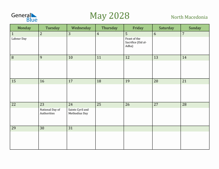 May 2028 Calendar with North Macedonia Holidays