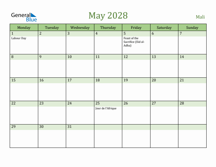 May 2028 Calendar with Mali Holidays