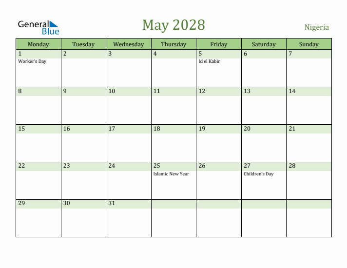May 2028 Calendar with Nigeria Holidays