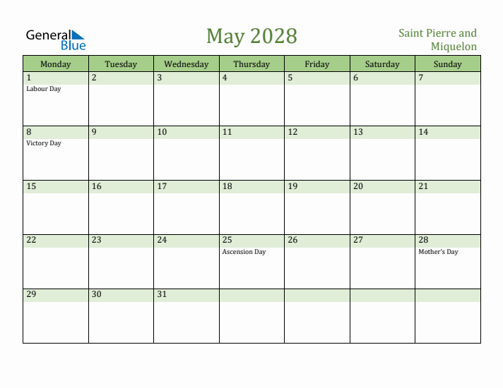 May 2028 Calendar with Saint Pierre and Miquelon Holidays