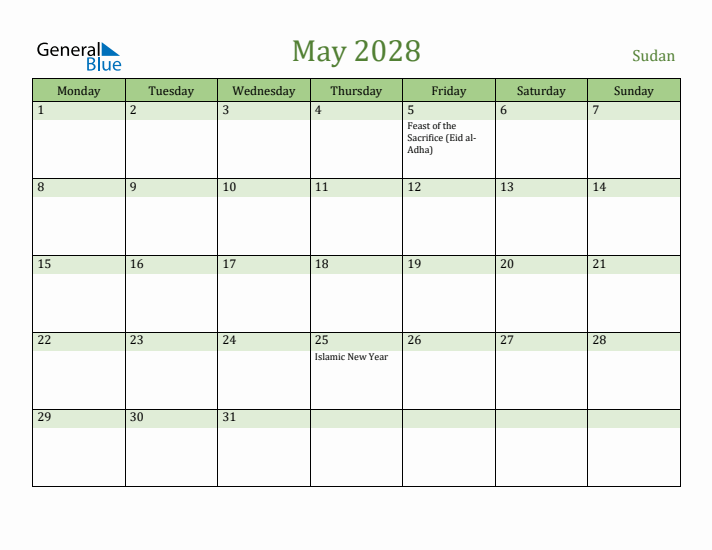 May 2028 Calendar with Sudan Holidays