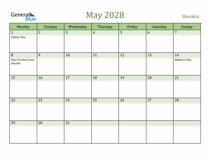 May 2028 Calendar with Slovakia Holidays