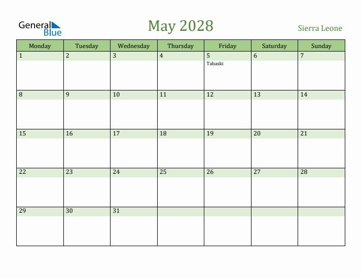 May 2028 Calendar with Sierra Leone Holidays