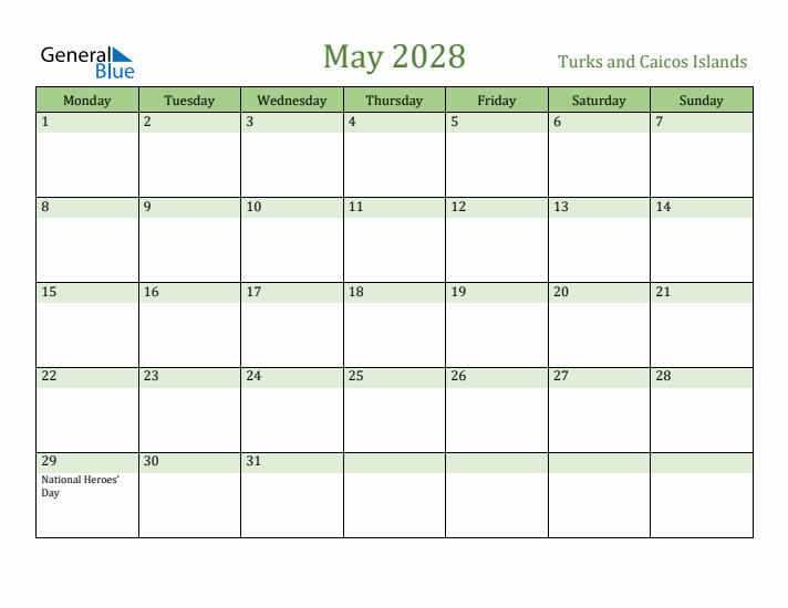May 2028 Calendar with Turks and Caicos Islands Holidays