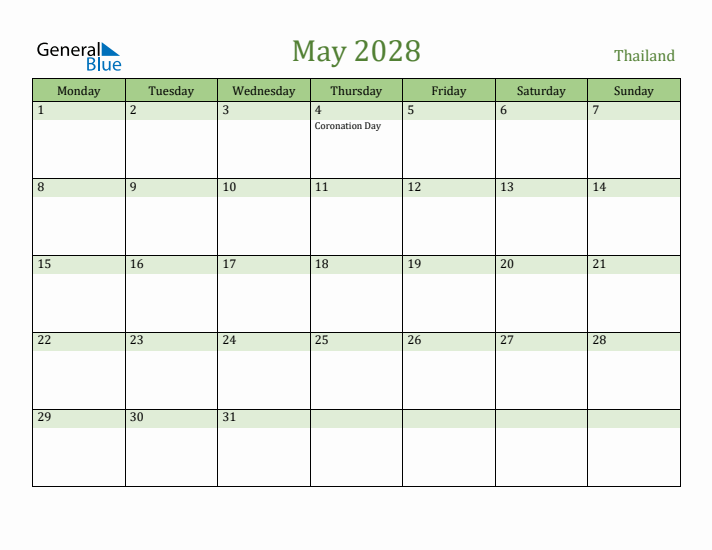May 2028 Calendar with Thailand Holidays