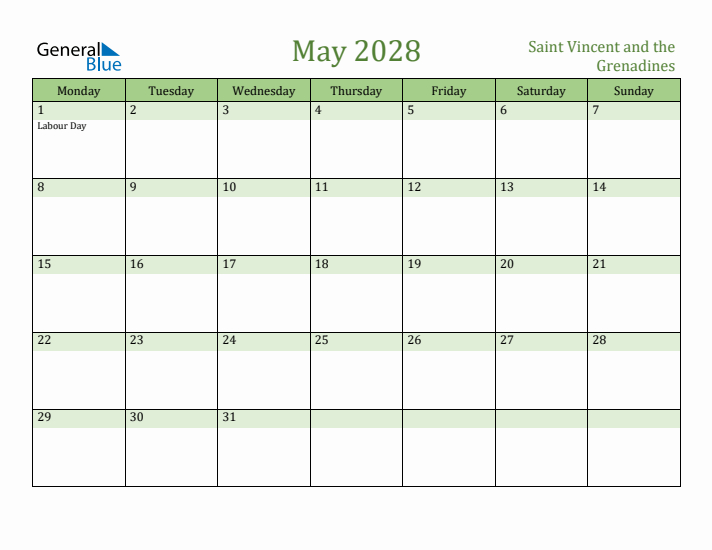 May 2028 Calendar with Saint Vincent and the Grenadines Holidays