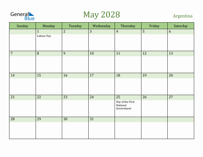 May 2028 Calendar with Argentina Holidays