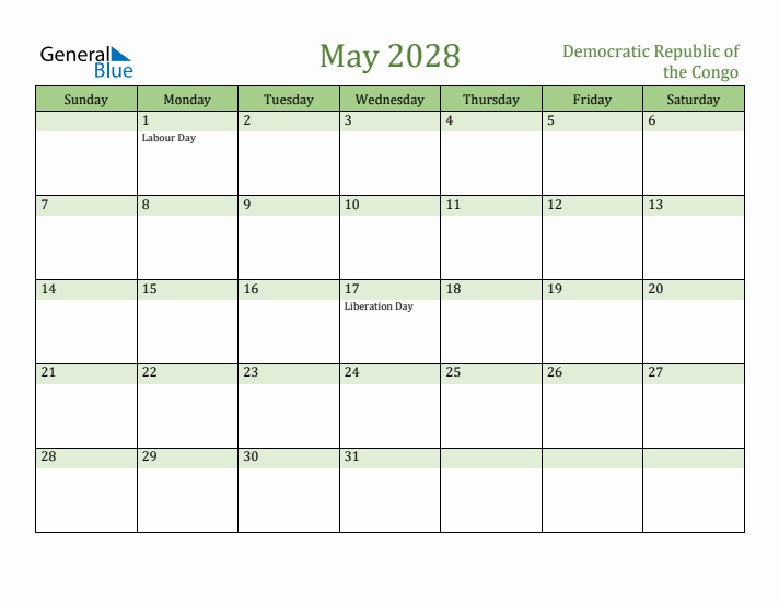 May 2028 Calendar with Democratic Republic of the Congo Holidays