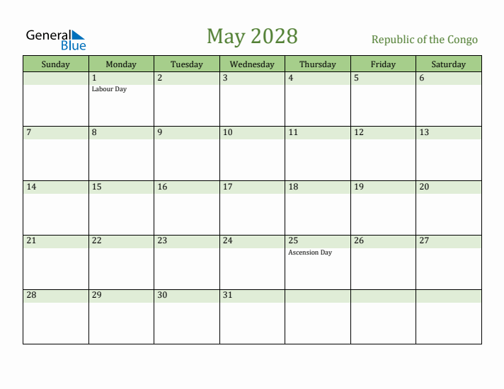 May 2028 Calendar with Republic of the Congo Holidays
