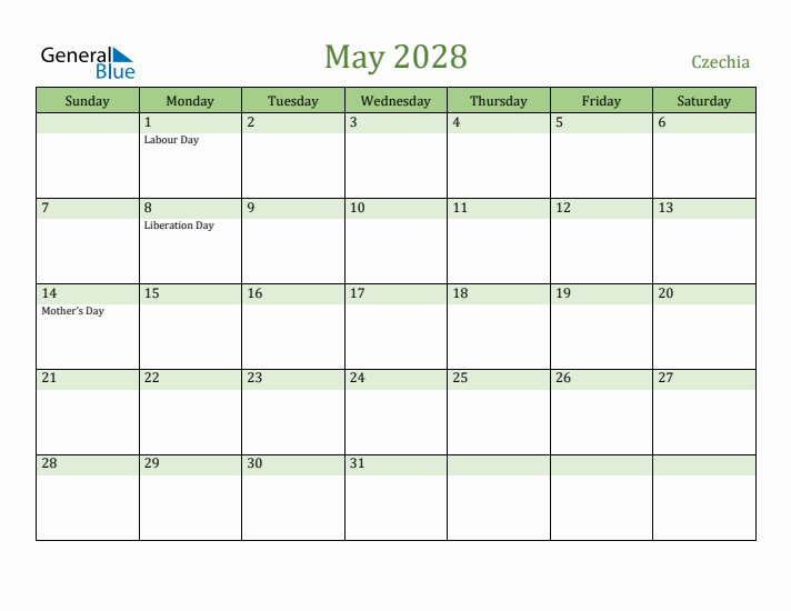 May 2028 Calendar with Czechia Holidays