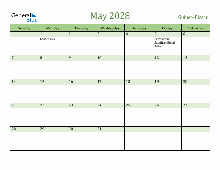 May 2028 Calendar with Guinea-Bissau Holidays