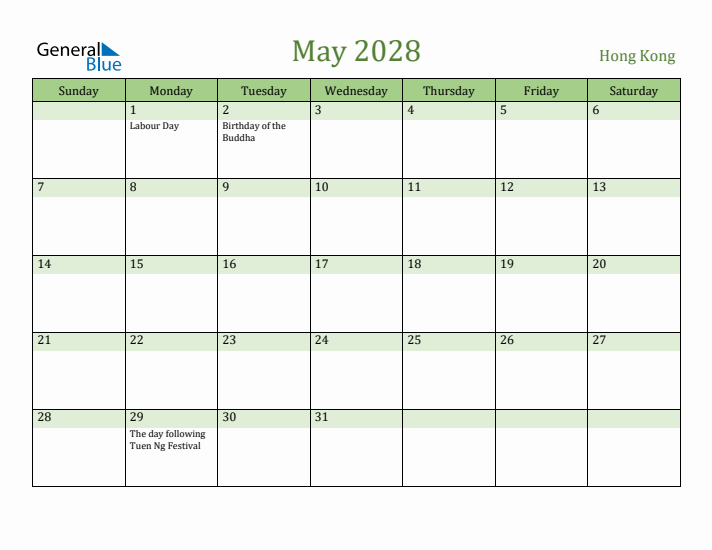 May 2028 Calendar with Hong Kong Holidays