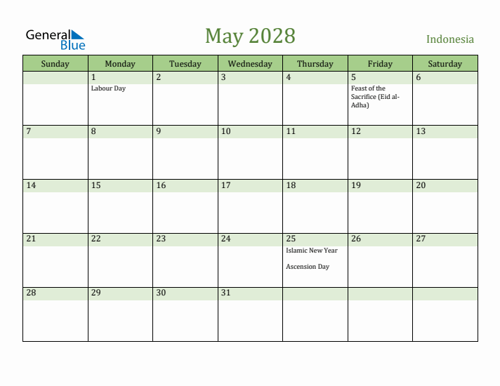 May 2028 Calendar with Indonesia Holidays