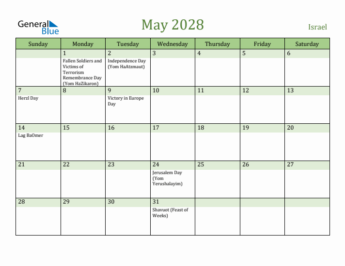 May 2028 Calendar with Israel Holidays