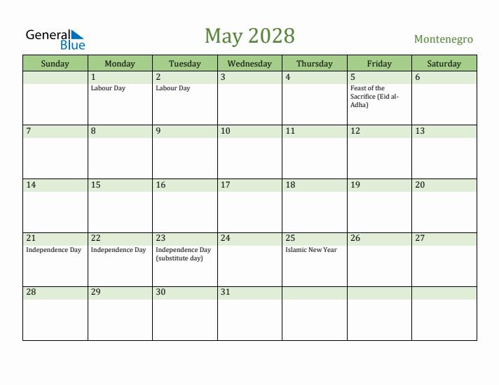May 2028 Calendar with Montenegro Holidays