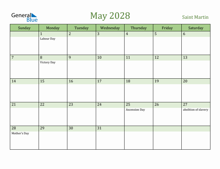 May 2028 Calendar with Saint Martin Holidays