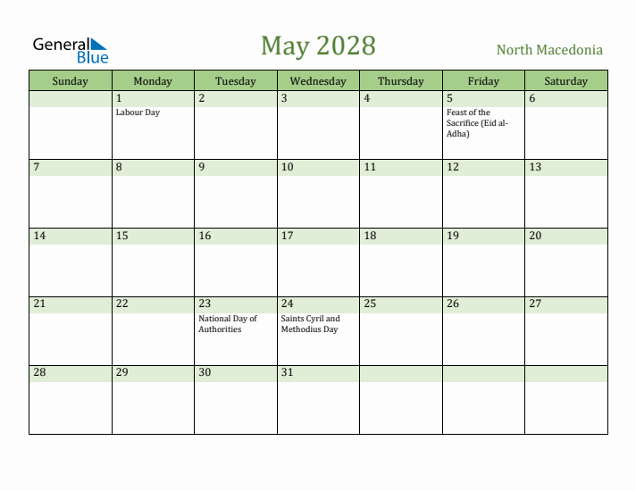 May 2028 Calendar with North Macedonia Holidays