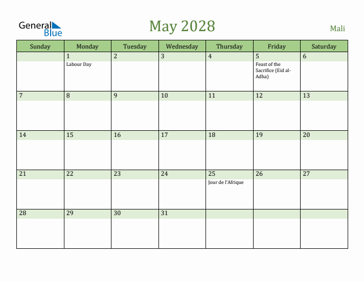 May 2028 Calendar with Mali Holidays