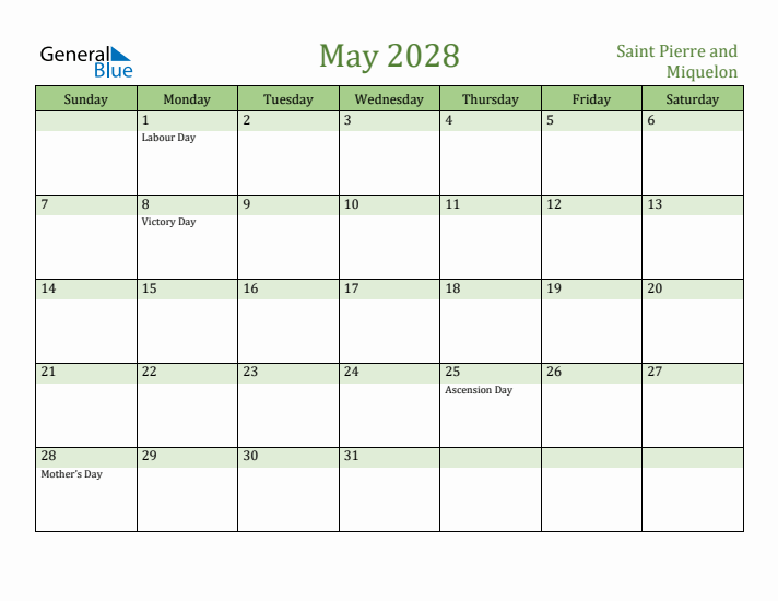 May 2028 Calendar with Saint Pierre and Miquelon Holidays