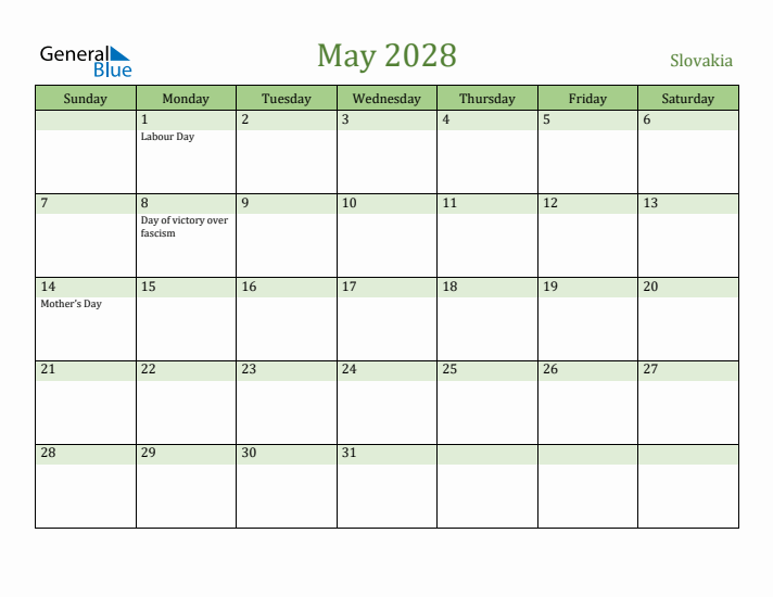 May 2028 Calendar with Slovakia Holidays