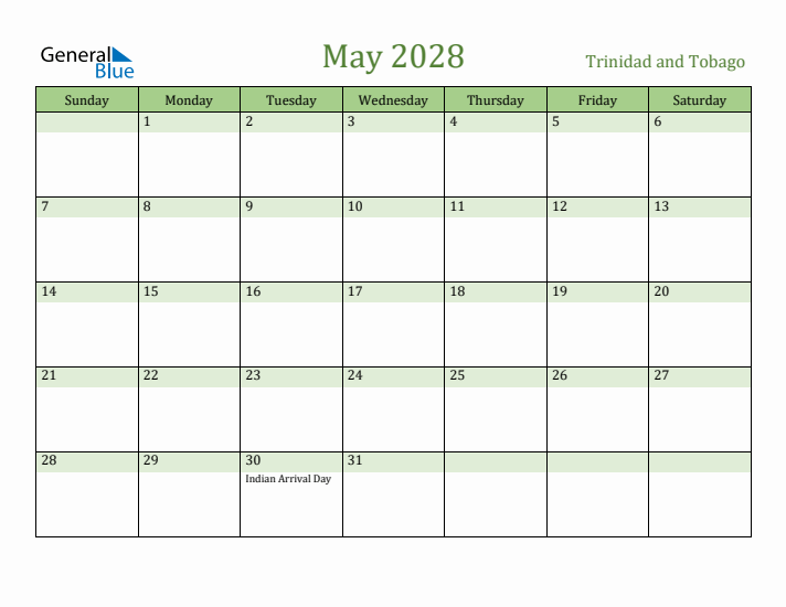 May 2028 Calendar with Trinidad and Tobago Holidays