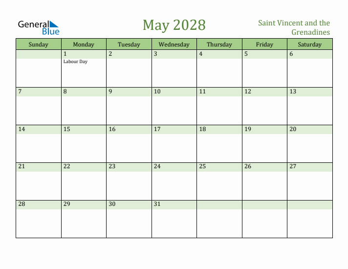 May 2028 Calendar with Saint Vincent and the Grenadines Holidays