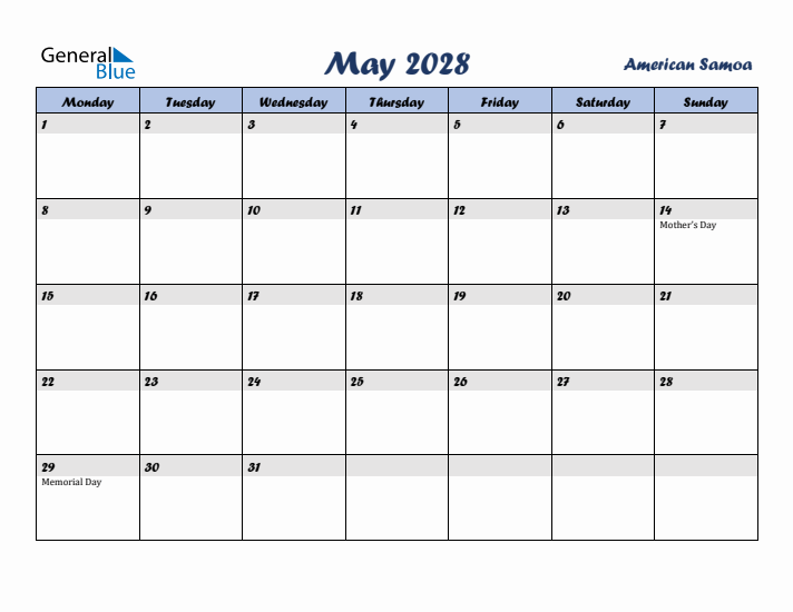 May 2028 Calendar with Holidays in American Samoa