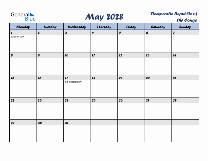 May 2028 Calendar with Holidays in Democratic Republic of the Congo