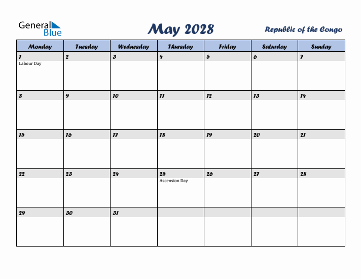 May 2028 Calendar with Holidays in Republic of the Congo