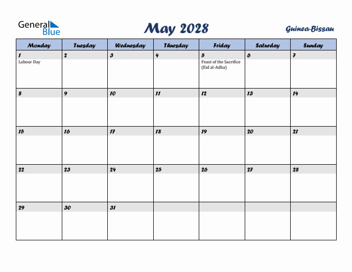 May 2028 Calendar with Holidays in Guinea-Bissau