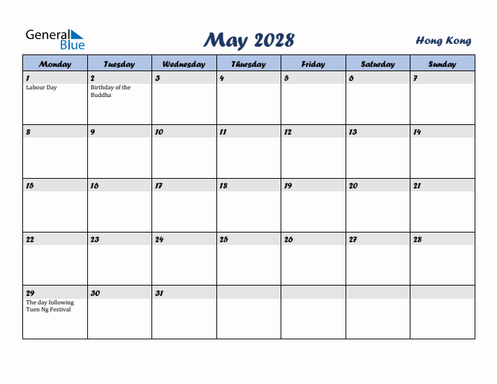 May 2028 Calendar with Holidays in Hong Kong