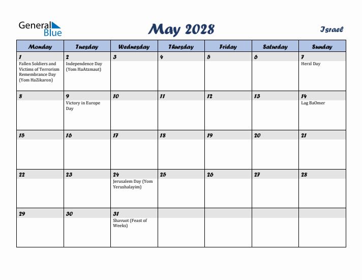 May 2028 Calendar with Holidays in Israel