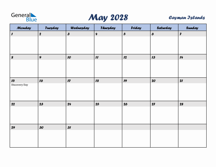 May 2028 Calendar with Holidays in Cayman Islands
