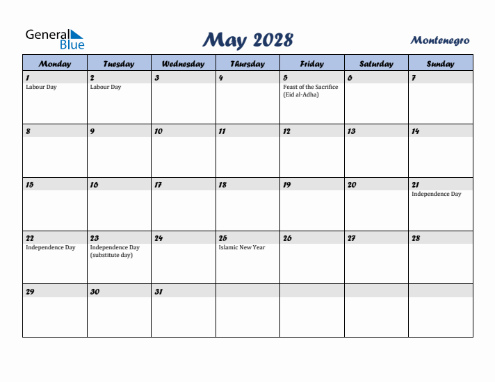 May 2028 Calendar with Holidays in Montenegro