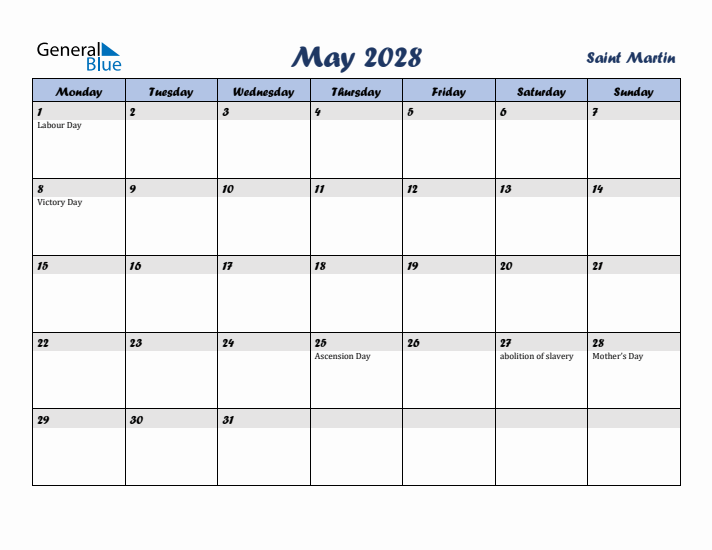 May 2028 Calendar with Holidays in Saint Martin
