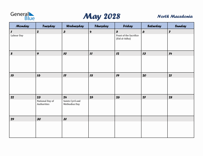May 2028 Calendar with Holidays in North Macedonia