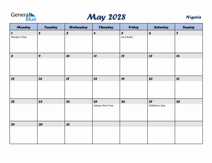 May 2028 Calendar with Holidays in Nigeria