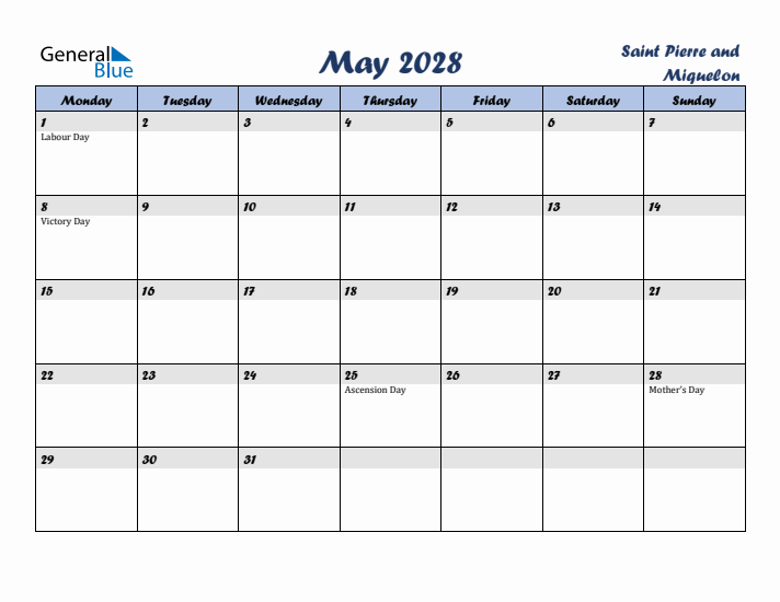 May 2028 Calendar with Holidays in Saint Pierre and Miquelon