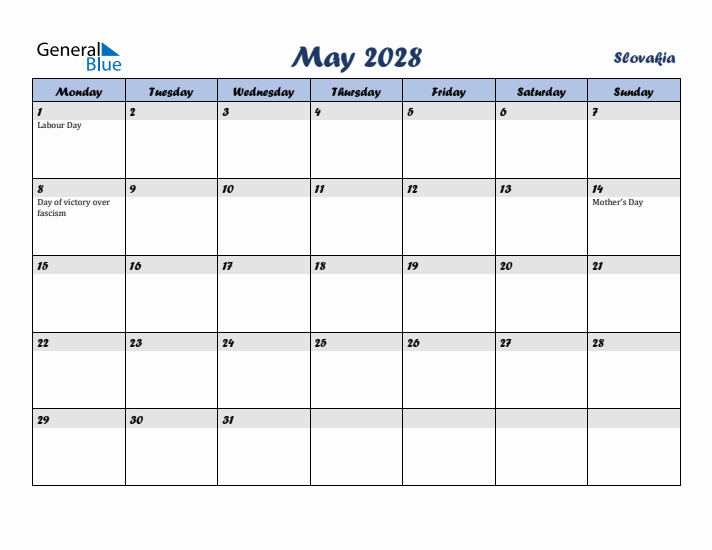 May 2028 Calendar with Holidays in Slovakia